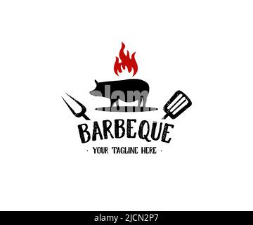 Invitation au logo barbecue avec porc de porc et fourchette de spatule croisée, logo de style hipster. Avec ruban réaliste et vecteur d'élément de flamme de feu. Illustration de Vecteur