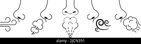 Nez sniff. Sens de l'odorat, souffle humain et odeur. Inspiration air et arômes vecteur Illustration Set Illustration de Vecteur
