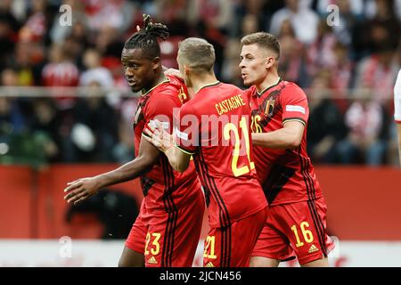 Varsovie, Pologne, le 14/06/2022, Michy Batshuayi, Belgique, célèbre après avoir marquant un match de football entre la Pologne et l'équipe nationale belge les Red Devils, mardi 14 juin 2022 à Varsovie, Pologne, le quatrième match (sur six) dans la Ligue des Nations A de groupe. BELGA PHOTO BRUNO FAHY Banque D'Images