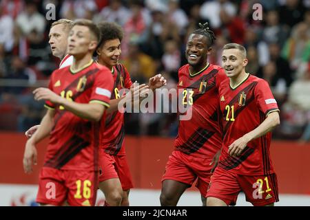 Varsovie, Pologne, le 14/06/2022, Michy Batshuayi, Belgique, célèbre après avoir marquant un match de football entre la Pologne et l'équipe nationale belge les Red Devils, mardi 14 juin 2022 à Varsovie, Pologne, le quatrième match (sur six) dans la Ligue des Nations A de groupe. BELGA PHOTO BRUNO FAHY Banque D'Images