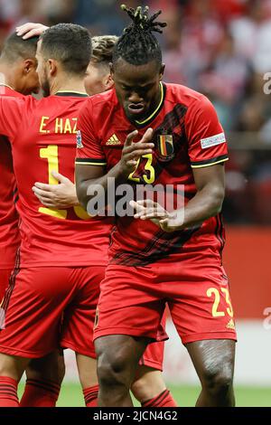 Varsovie, Pologne, le 14/06/2022, Michy Batshuayi, Belgique, célèbre après avoir marquant un match de football entre la Pologne et l'équipe nationale belge les Red Devils, mardi 14 juin 2022 à Varsovie, Pologne, le quatrième match (sur six) dans la Ligue des Nations A de groupe. BELGA PHOTO BRUNO FAHY Banque D'Images