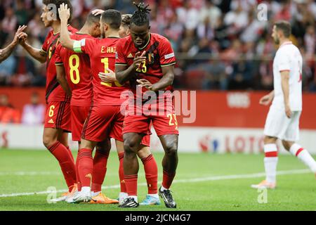 Varsovie, Pologne, le 14/06/2022, Michy Batshuayi, Belgique, célèbre après avoir marquant un match de football entre la Pologne et l'équipe nationale belge les Red Devils, mardi 14 juin 2022 à Varsovie, Pologne, le quatrième match (sur six) dans la Ligue des Nations A de groupe. BELGA PHOTO BRUNO FAHY Banque D'Images