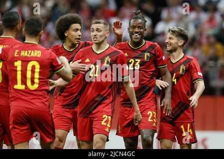 Varsovie, Pologne, le 14/06/2022, Michy Batshuayi, Belgique, célèbre après avoir marquant un match de football entre la Pologne et l'équipe nationale belge les Red Devils, mardi 14 juin 2022 à Varsovie, Pologne, le quatrième match (sur six) dans la Ligue des Nations A de groupe. BELGA PHOTO BRUNO FAHY Banque D'Images