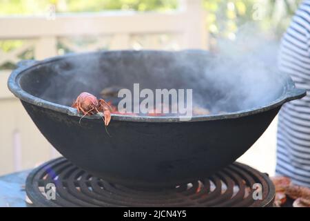 Barbecue, feu, flamme. Homme cuisant des fruits de mer, pique-nique d'été dans l'arrière-cour. Banque D'Images