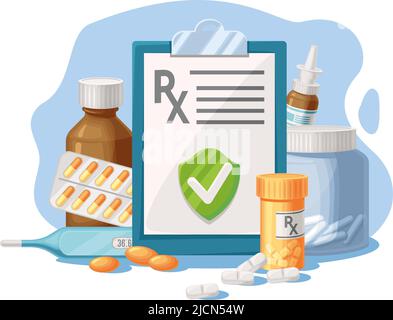 Prescription de médicaments. Forme pour les médicaments RX, les pilules et les médicaments. Liste médicale pour le traitement, les diagnostics de santé et le vecteur de liste de dosage approprié Illustration de Vecteur