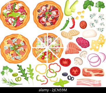 Concepteur de pizzas. Ingrédients pour la cuisson, légumes en tranches et pizzas vue de dessus ensemble de dessin animé Illustration de Vecteur