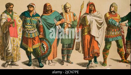 Byzantins (700-1000). De gauche à droite, 15: Consul byzantin, 16: Costume de guerrier moderne, 17: Costume d'écrivain. Paenula, 18: Soldat byzantin, 19: Costume de guerrier. Paenula, 20: Costume de guerrier. Culottes. Chromolithography. 'Historia Universal' (Histoire universelle), par César Cantú. Volume IV Publié à Barcelone, 1881. Banque D'Images