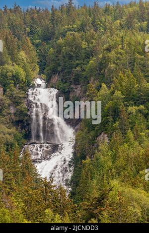 Skagway, Alaska, États-Unis - 20 juillet 2011 : bras Taiya au-dessus de l'anse Chilkoot. Portrait, cascade blanche éclaboussante capturée dans des tons de vert fol Banque D'Images