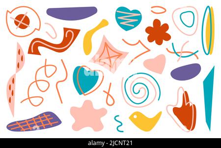 Abstrait dessiné à la main diverses formes et ensemble d'objets de Doodle. Collection moderne et tendance. Formes minimalistes. Design pour bannières, brochures et couvertures. Arrière-plan géométrique coloré. Illustration vectorielle Illustration de Vecteur
