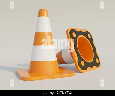 Cônes de construction de la circulation routière. Corps orange avec bandes blanches. Isolé sur blanc. 3D illustration du rendu. Banque D'Images