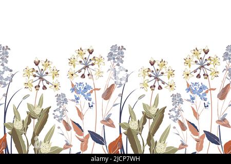Motif fleuri vectoriel sans couture, bordure. Illustration panoramique horizontale avec prairie, fleurs de marais et herbes sur fond blanc. Illustration de Vecteur