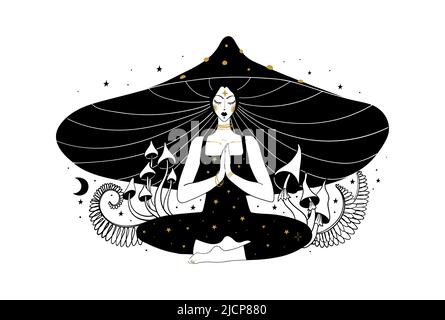 Méditant la jeune fille de champignon, concept de microdosage, voyage de drogue, microdosage avec des agarics de mouche. Femme en chapeau de champignon en position lotus, détente et bal Illustration de Vecteur