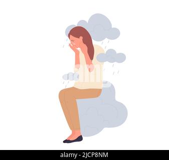 Fille dépressive avec des nuages de pluie. Femme pleurant, contrarié et déçu illustration du vecteur d'humeur Illustration de Vecteur