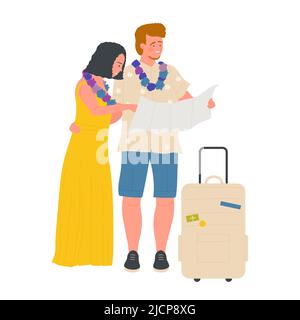 Jeune couple avec bagages et carte sur les vacances tropicales. Lune de miel et détente vacances dessin animé illustration vectorielle Illustration de Vecteur