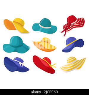 Ensemble de magnifiques chapeaux d'été pour femmes dans différents styles et couleurs. Coiffures été élégantes pour femme. Un accessoire de mode pour des vacances en mer dans chaud Illustration de Vecteur
