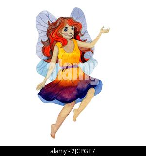 Illustration aquarelle de fée avec ailes de papillon. Petite fête avec les cheveux longs. Création magique pour enfant prendre. Décoration de fête d'enfants. Assistant dame. Banque D'Images