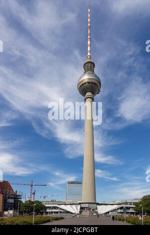 The famous Berliner Fernsehturm or Fernsehturm Berlin, also known as the TV Tower, at Alexanderplatz  in the city of Berlin, Germany. Stock Photo