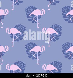 Motif tropical pastel sans couture avec silhouettes rose flamant et feuilles de monstère exotiques de feuilles et d'oiseaux répétables. Modèle d'été flamin Illustration de Vecteur