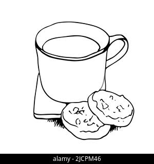 Une tasse de thé ou de café debout sur une table, avec des biscuits, illustration vectorielle dessinée à la main, isolée sur un fond blanc Illustration de Vecteur