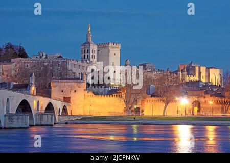 France, Vaucluse Avignon, vue des rives du Rhône, éclairage de nuit Banque D'Images