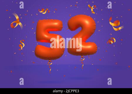 3D numéro 52 Vente de rabais promotion faite de confetti réaliste feuille 3D Orange hélium ballon vecteur. Illustration pour la vente d'affiches, de bannières publicitaires, Illustration de Vecteur