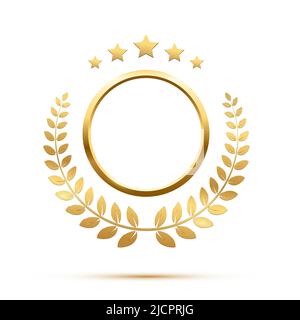Cadre rond doré, étoiles et couronne circulaire de l'illustration vectorielle de feuilles d'olive. Réaliste 3D médaille d'anniversaire d'or, certificat de gagnant avec éclat Illustration de Vecteur
