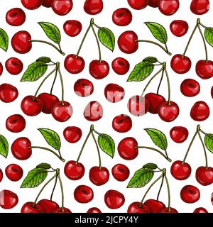 Baies de cerise colorées dessinées à la main, motif d'été sans couture. Illustration vectorielle dans un style d'esquisse coloré Illustration de Vecteur