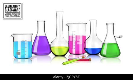 Verrerie de laboratoire vectorielle réaliste avec des liquides de différentes couleurs avec réflexions sur la table. 3d illustration Illustration de Vecteur