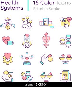 Ensemble d'icônes de couleur RVB des systèmes de santé Illustration de Vecteur