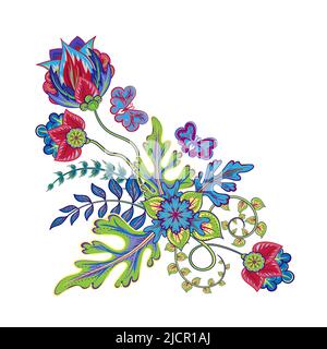 Décoration ornée de fleurs fantastiques avec cachemire et papillons. Illustration vectorielle. Illustration de Vecteur