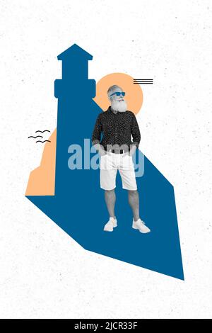Image de collage créatif vertical d'une personne âgée noir blanc couleurs fosse mains poches isolées sur le bâtiment de phare dessin ombre Banque D'Images