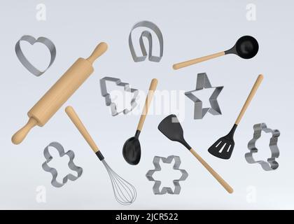 Ustensiles de cuisine en bois et emporte-pièces sur fond blanc. 3d rendu des outils et accessoires de cuisine maison pour la cuisson, le mélange et le mélange Banque D'Images