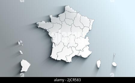 Carte géographique de la France avec régions avec ombres Banque D'Images