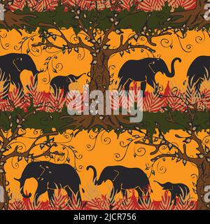 Motif vectoriel sans couture avec silhouettes d'éléphant d'Afrique sur fond jaune. Papier peint Savannah animal paysage. Illustration de Vecteur