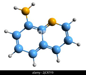 3D image de la formule squelettique 8-aminoquinoléine - structure chimique moléculaire de la quinoline-8-amine isolée sur fond blanc Banque D'Images