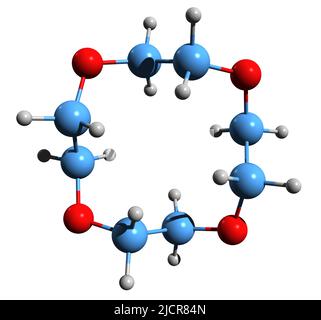 3D image de la formule squelettique 12-Crown-4 - structure chimique moléculaire du tétramère de l'oxyde d'éthylène isolé sur fond blanc Banque D'Images