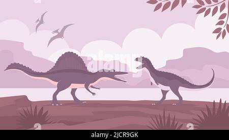 Carnotaurus vs spinosaurus. Lézards carnivores. Dinosaures anciens de la période jurassique. Illustration de dessin animé vectoriel. Arrière-plan de la nature préhistorique. Illustration de Vecteur