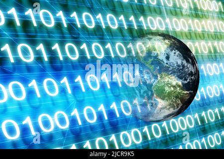 Planète Terre émergeant d'un fond binaire, concept du monde numérique Banque D'Images