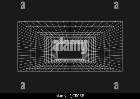 Cyber grid, tunnel rectangulaire rétro punk perspective. Géométrie du tunnel de la grille sur fond noir. Illustration vectorielle. Illustration de Vecteur