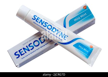 Boîte de dentifrice doux à la menthe Sensodyne sur fond blanc - soins quotidiens pour les dents sensibles + dents fortes + gencives saines marque recommandée par le dentiste Banque D'Images