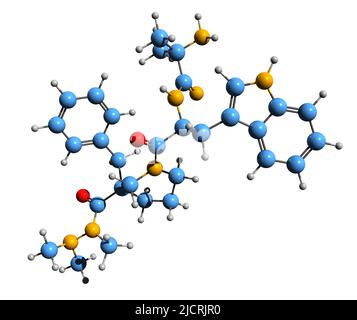 3D image de la formule squelettique de l'anamoréline - structure chimique moléculaire de l'agoniste de la ghréline isolé sur fond blanc Banque D'Images