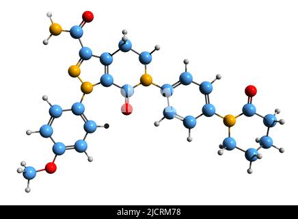 3D image de la formule squelettique apixaban - structure chimique moléculaire du médicament anticoagulant isolé sur fond blanc Banque D'Images