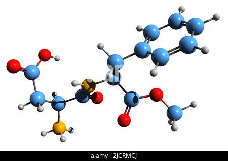 3D image de la formule du sel d'aspartame-acésulfame - structure chimique moléculaire de l'édulcorant Е962 isolé sur fond blanc Banque D'Images