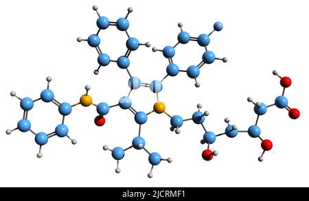 3D image de la formule squelettique d'Atorvastatine - structure chimique moléculaire du médicament statin isolé sur fond blanc Banque D'Images