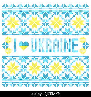 J'aime l'Ukraine point de croix broderie, ornement en bleu, couleurs jaunes, vecteur. Illustration de Vecteur