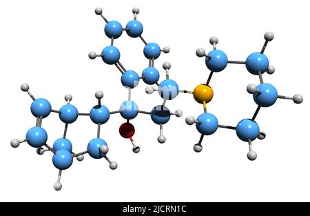 3D image de la formule squelettique Biperiden - structure chimique moléculaire de la maladie de Parkinson, isolée sur fond blanc Banque D'Images