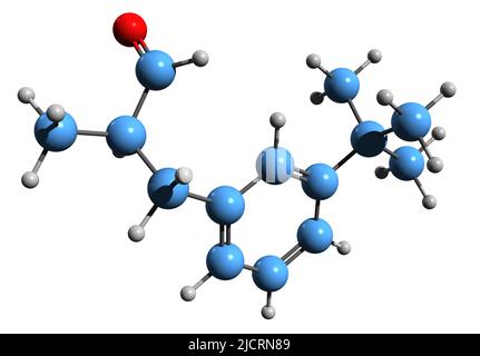 3D image de la formule squelettique butylphényl méthylproponnelle - structure chimique moléculaire du BMHCA isolé sur fond blanc Banque D'Images