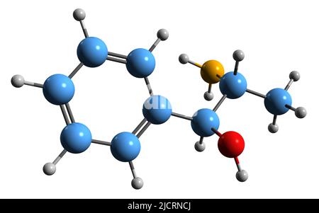 3D image de la formule squelettique de la cathode - structure chimique moléculaire de la norpseudoéphédrine isolée sur fond blanc Banque D'Images