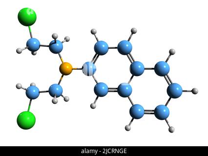 3D image de la formule du squelette de chlornaphazine - structure chimique moléculaire de la moutarde azotée isolée sur fond blanc Banque D'Images