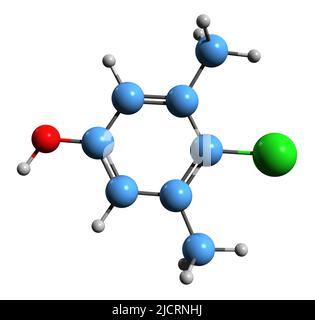 3D image de la formule squelettique du chloroxylénol - structure chimique moléculaire du PCMX isolé sur fond blanc Banque D'Images